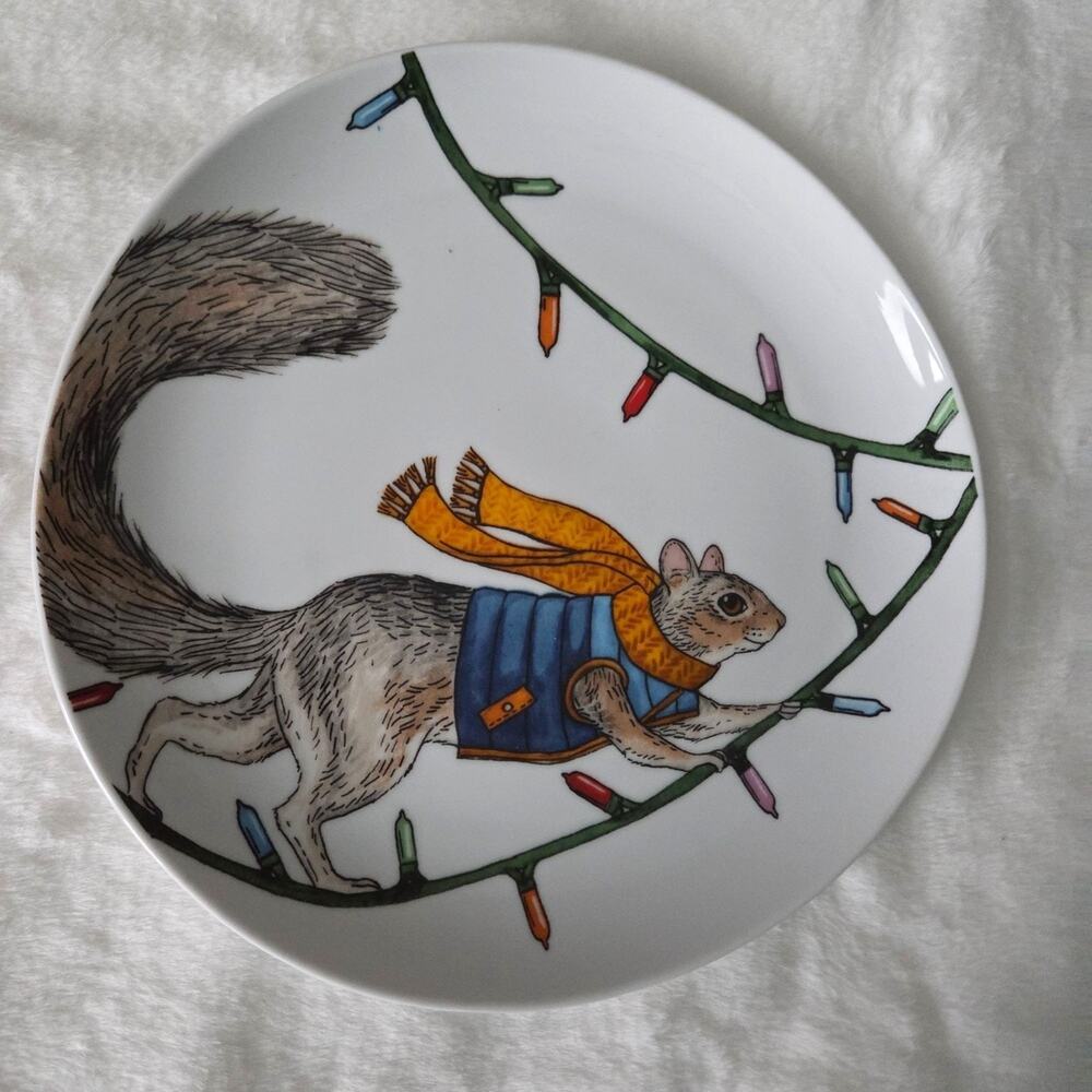 West Elm Rachel Kozlowski Dapper Squirrel Salad Plate 8.5"‎ Christmas Lights EUC
